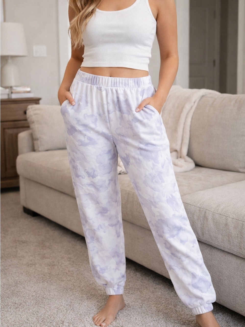 Lazypants Niki Ultra‑Soft Joggers XS – Lavender Watercolor Tie‑Dye | EUC